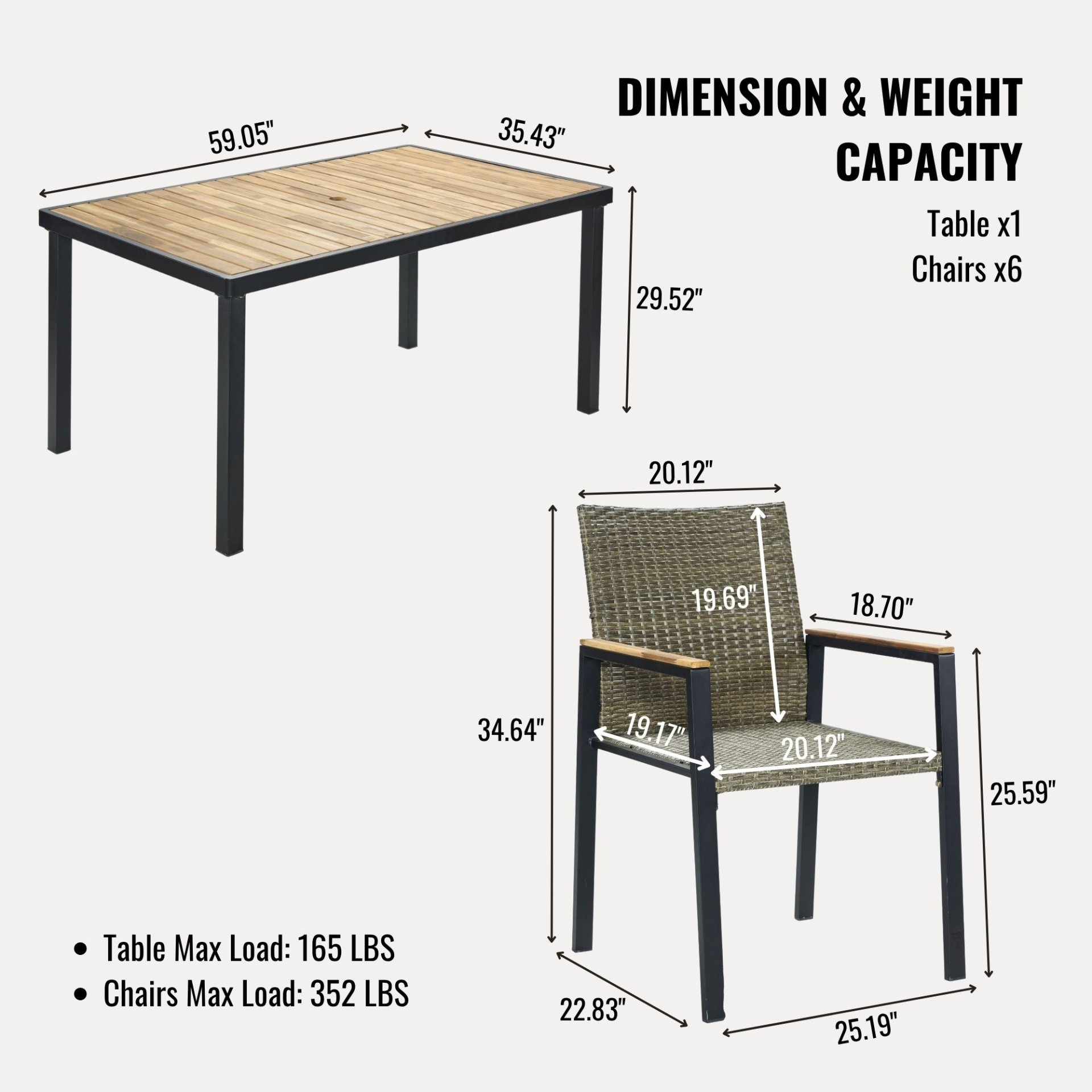 All Weather 7 Piece Patio Dining Table Set With Umbrella Hole - Brown / Gray - Image 3