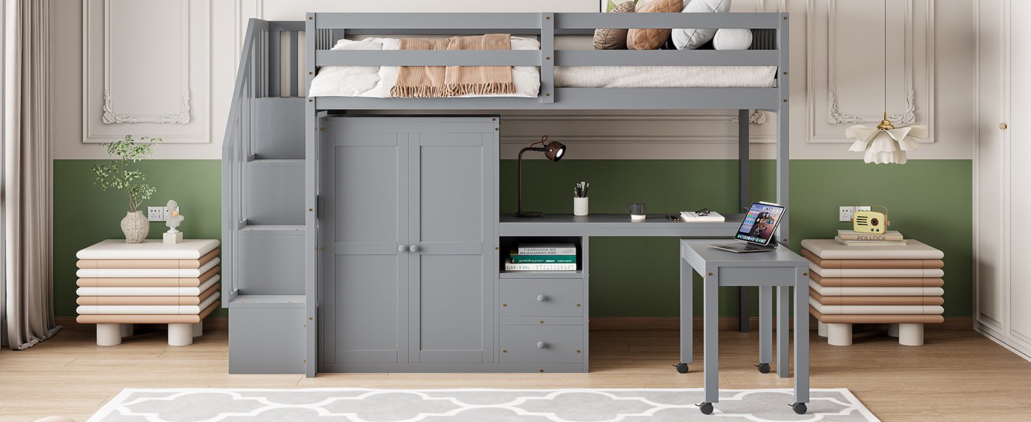 Twin Size Loft Bed With Stairs, Bookshelf, Drawers, Desk & Wardrobe, Space Saving Multifunctional Furniture - Gray - Image 23