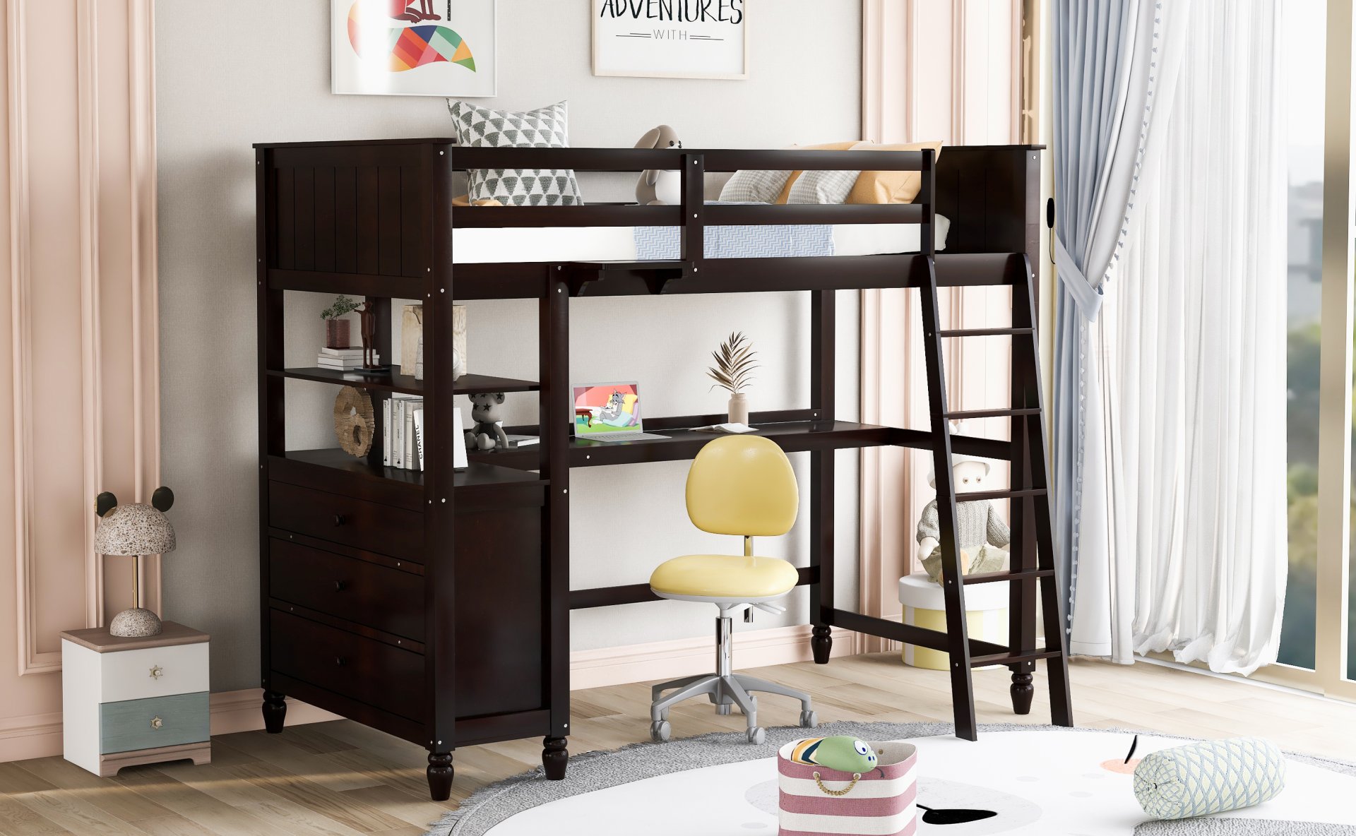 Twin Size Loft Bed With Drawers And Desk, With Shelves - Espresso - Image 3