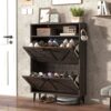 Farmhouse Shoe Storage Cabinet With Barn Door Design, 2 Flip Drawers, Hooks - Dark Oak - Image 6