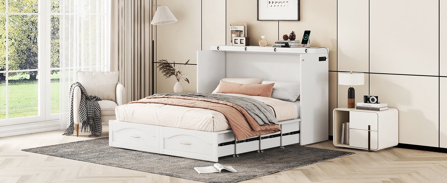 Queen Size Murphy Wall Bed With Drawer And A Set Of Sockets & USB Ports, Pulley Structure Design - White - Image 25