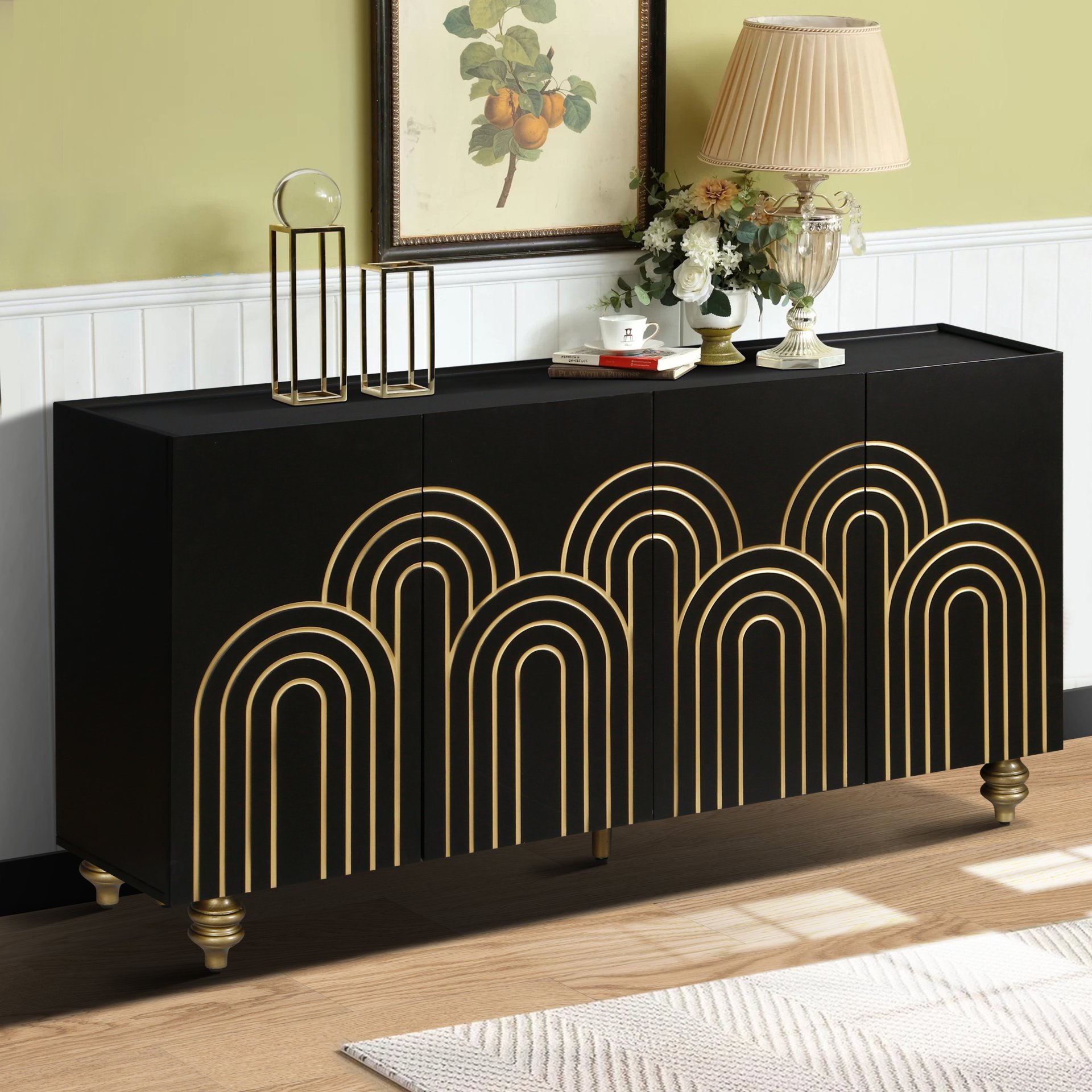 4 Door Cabinet Modern Fluted Sideboard Buffet With Storage, Curve Element With Strict Lines - Black - Image 4