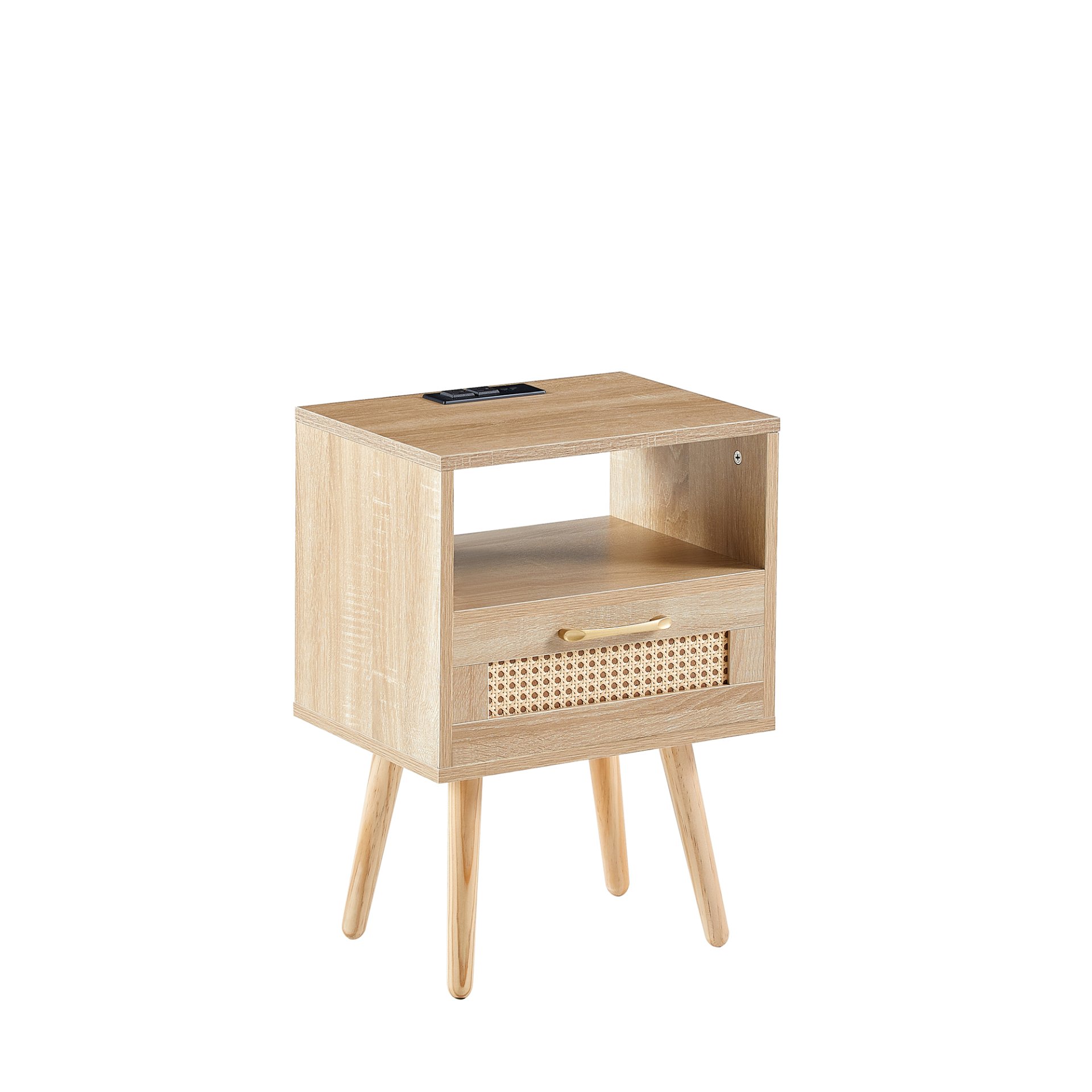 15.75" Rattan End Table With Power Outlet & USB Ports, Modern Nightstand With Drawer And Solid Wood Legs, Side Table For Living Room, Bedroom - Natural - Image 9