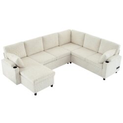 Sectional Sofa Versatile Sofa Bed Sofa Sleeper U - Shaped Sofa With Ample Storage Space, 2 Cup Holders And Charging Ports For Living Room - Beige