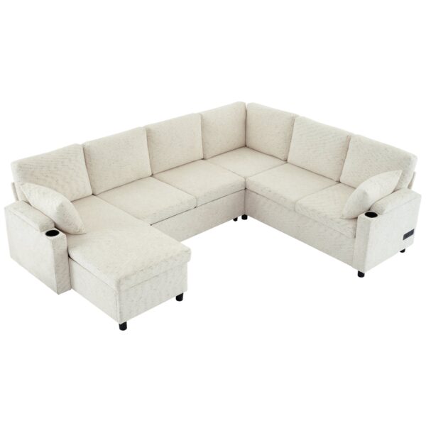 Sectional Sofa Versatile Sofa Bed Sofa Sleeper U - Shaped Sofa With Ample Storage Space, 2 Cup Holders And Charging Ports For Living Room - Beige