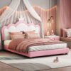 Full Size Upholstered Princess Bed & Crown Headboard, Full Size Platform Bed With Headboard And Footboard - White / Pink - Image 11