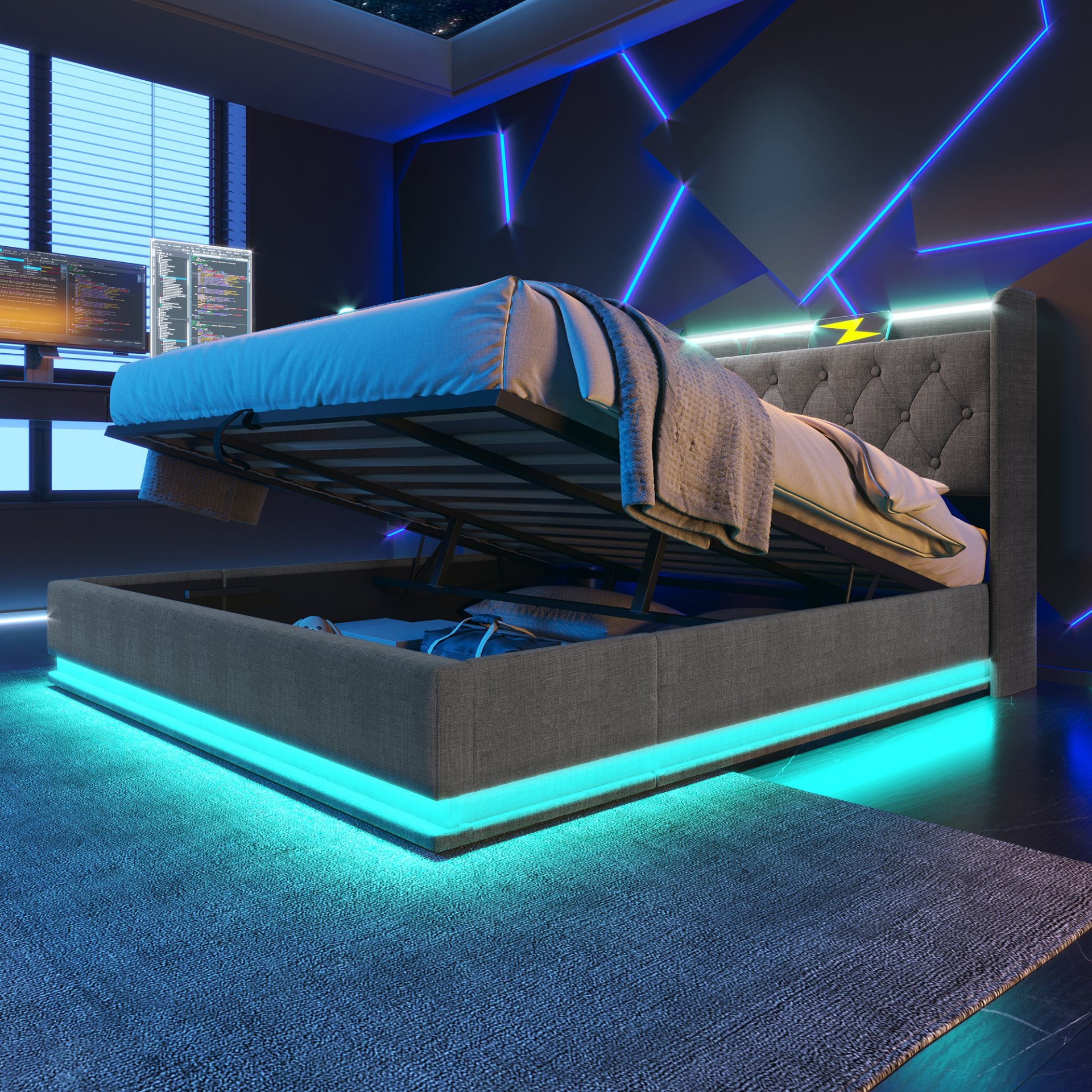 King Size Upholstered Bed, 360 Surround LED Function, Buttons / Apps / Remote Control, Hydraulic Storage Bed With USB Type-C Charging (Without Mattress) - Gray - Image 13