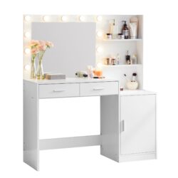 Vanity Desk With Mirror And Lights, 46.4In Dressing Table With 2 Large Drawer & Large Vertical Organizer, 3 Level Dresser & 3 Lighting Modes Adjustable Brightness, Suitable For Bedroom - White