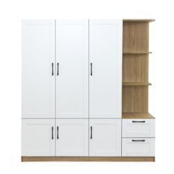 3 Door Storage Wardrobe For Dedroom With Shelves And 2 Drawers, Side Storage Shelves - White