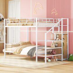 Full Over Full Bunk Bed With Lateral Storage Ladder And Wardrobe - White