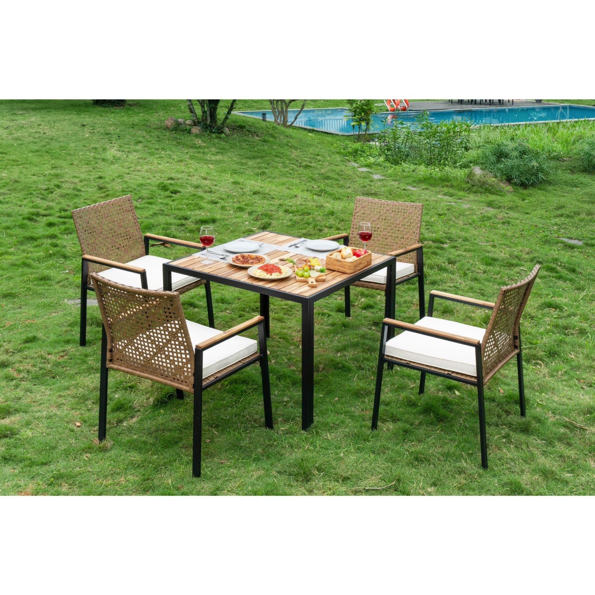 All Weather Patio Dining Table Set With Top And Umbrella Hole - Rattan Outdoor Furniture - Yellow - Image 11