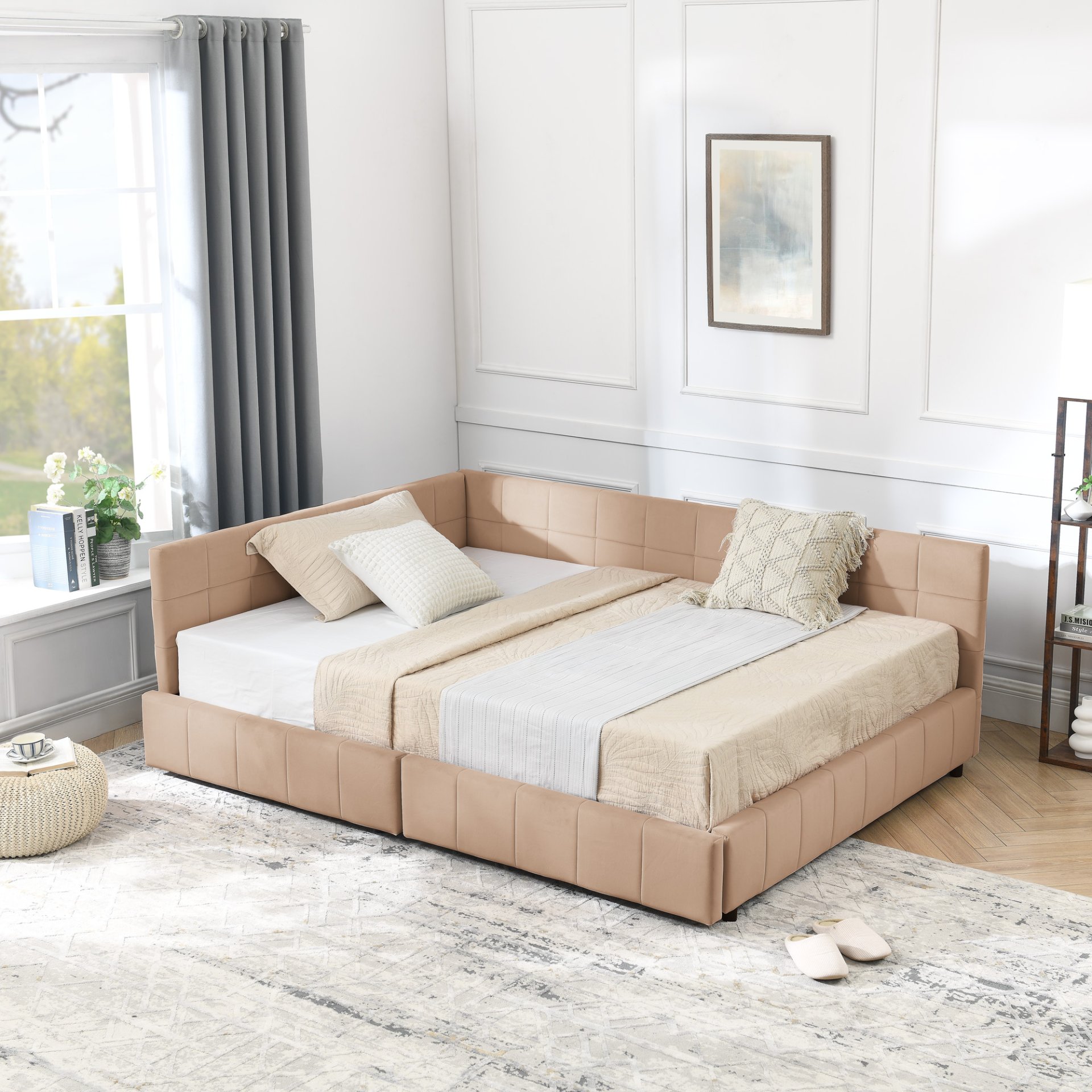 Mid Century Upholstered Tufted Full Size Storage Bed Frame With Backrest And Armrests - Pink - Image 8