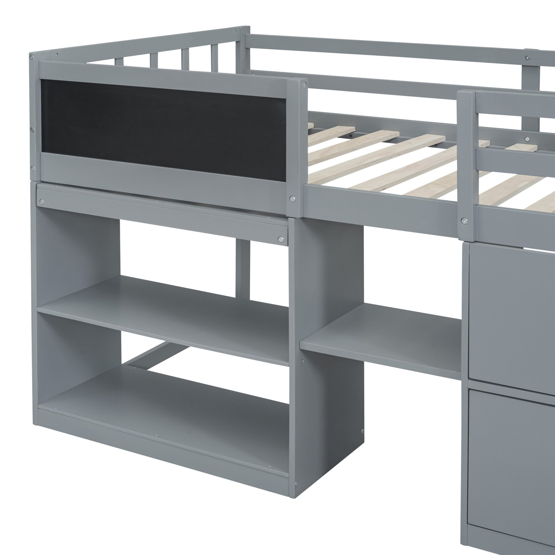Twin Size Low Loft Bed With Rolling Desk, Shelf And Drawers - Gray - Image 15