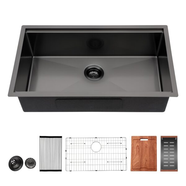 Workstation Kitchen Sink Single Bowl Undermount 16 Gauge With Cutting Board And Accessories - Gunmetal Black