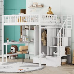 Full Size Loft Bed With Bookshelf, Drawers, Desk, And Wardrobe - White