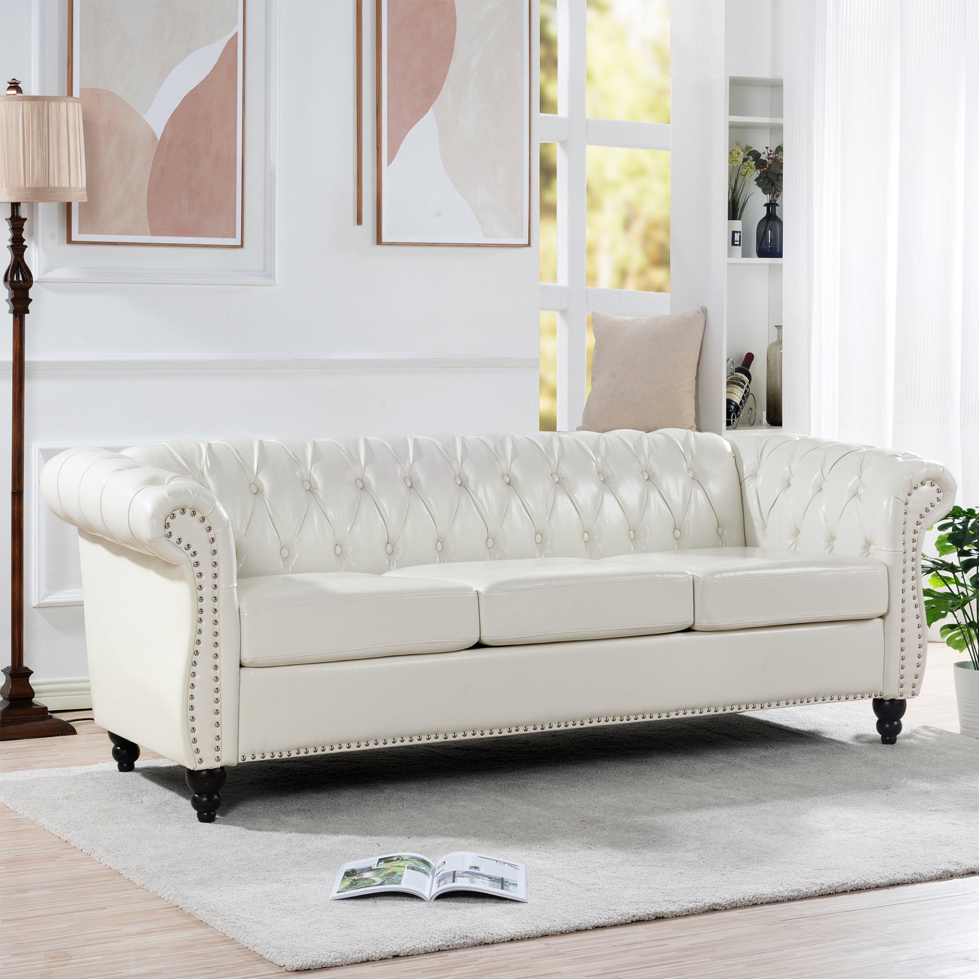 84.65" Rolled Arm Chesterfield 3 Seater Sofa - White - Image 2