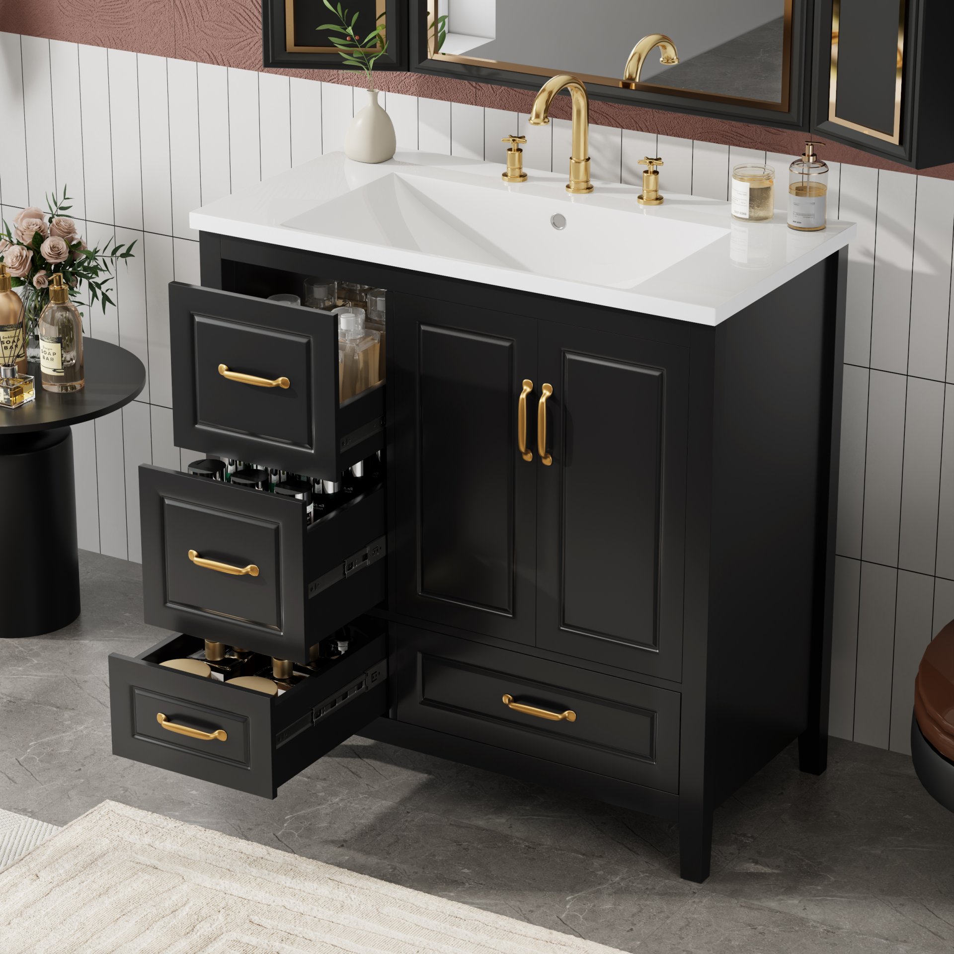Bathroom Vanity With Sink, Soft Closing Doors & Drawers, Metal Handles - Black - Image 4