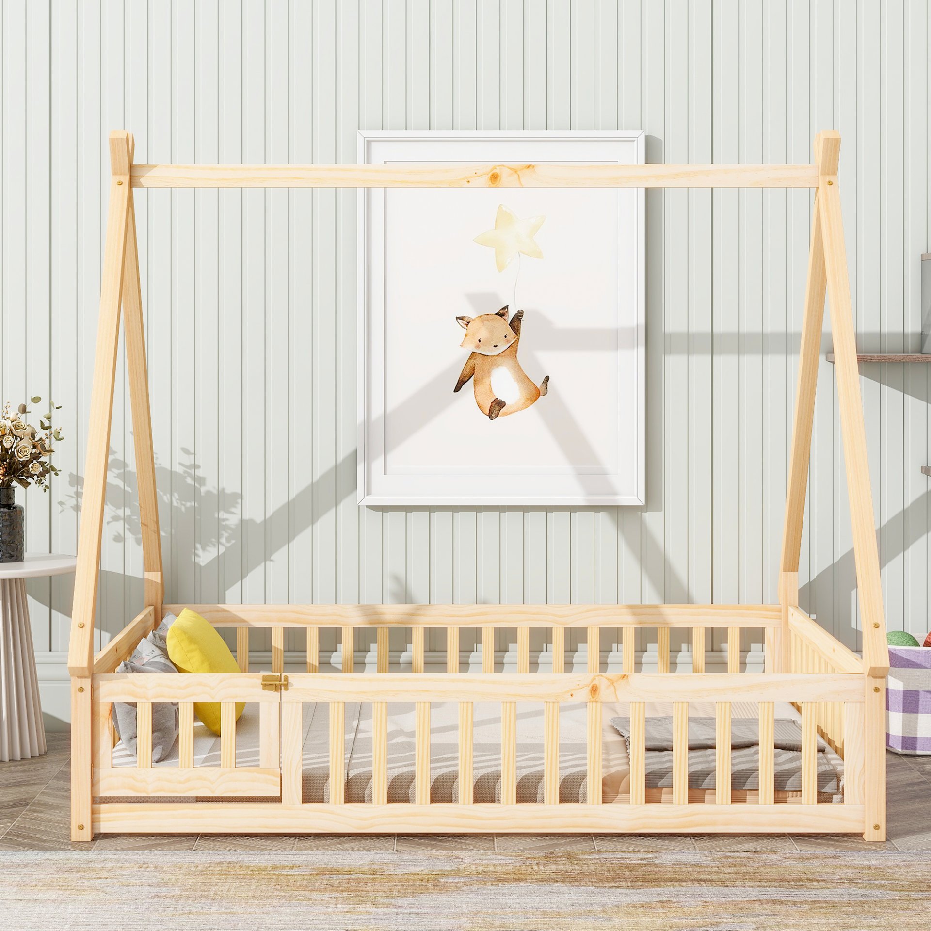 Full Tent-Shaped Floor Bed, With Guardrails, Slats, Door - Natural - Image 3