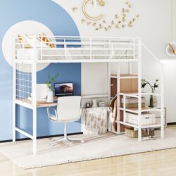 Full Size Loft Bed With Desk And Grid, Stylish Frame With Lateral Storage Ladder And Wardrobe - White