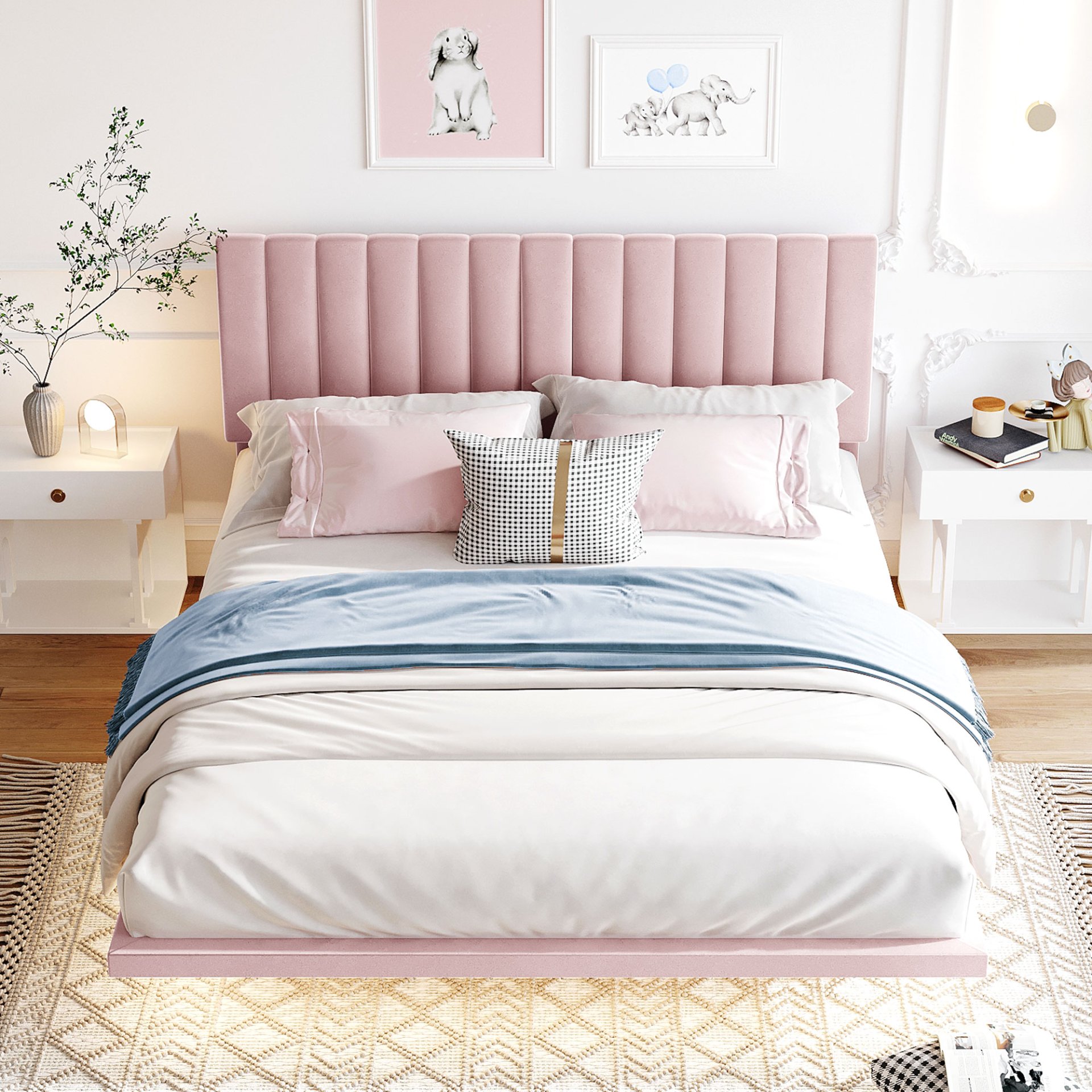Queen Size Upholstered Bed With Sensor Light And Headboard, Floating Platform Bed - Pink - Image 2