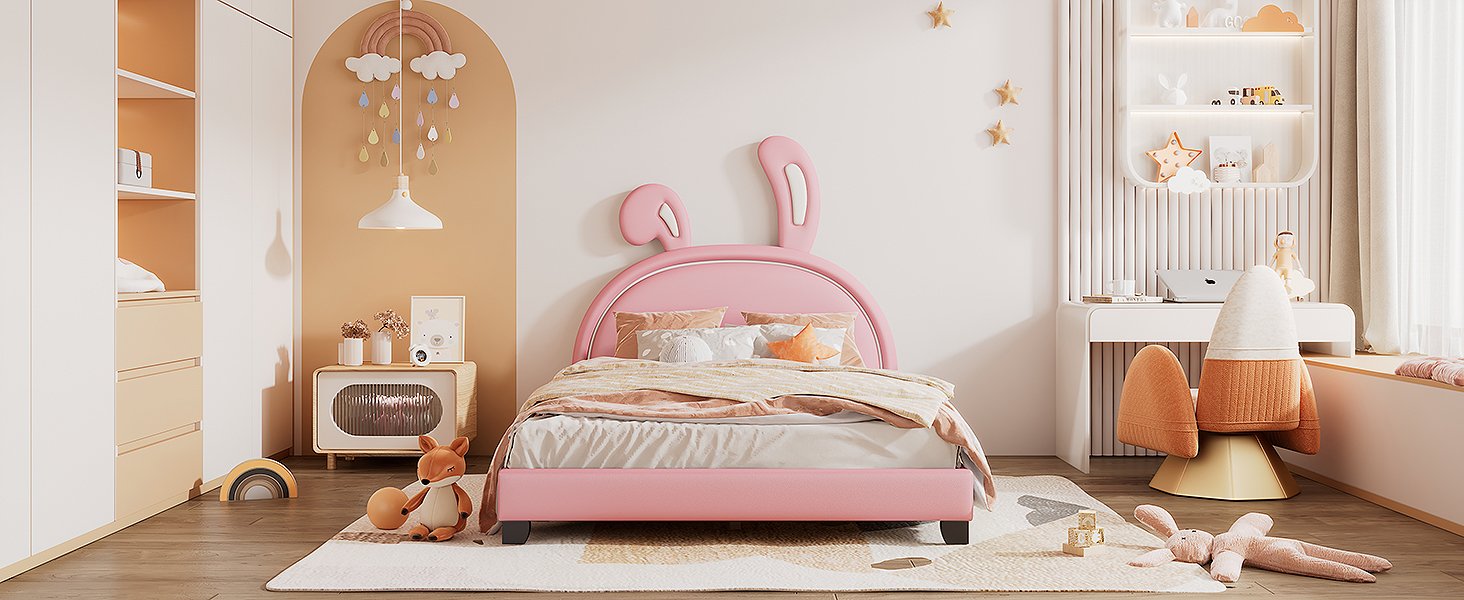 Full Size Upholstered Leather Platform Bed With Rabbit Ornament, Pink - Image 13