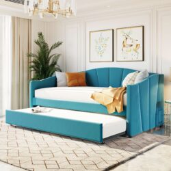 Twin Size Upholstered Daybed Sofa Bed With Trundle And Slat - Blue