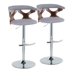 Gardenia - Mid-Century Modern Adjustable Barstool With Swivel With Rounded T Footrest (Set of 2) - Chrome / Walnut / Light Gray