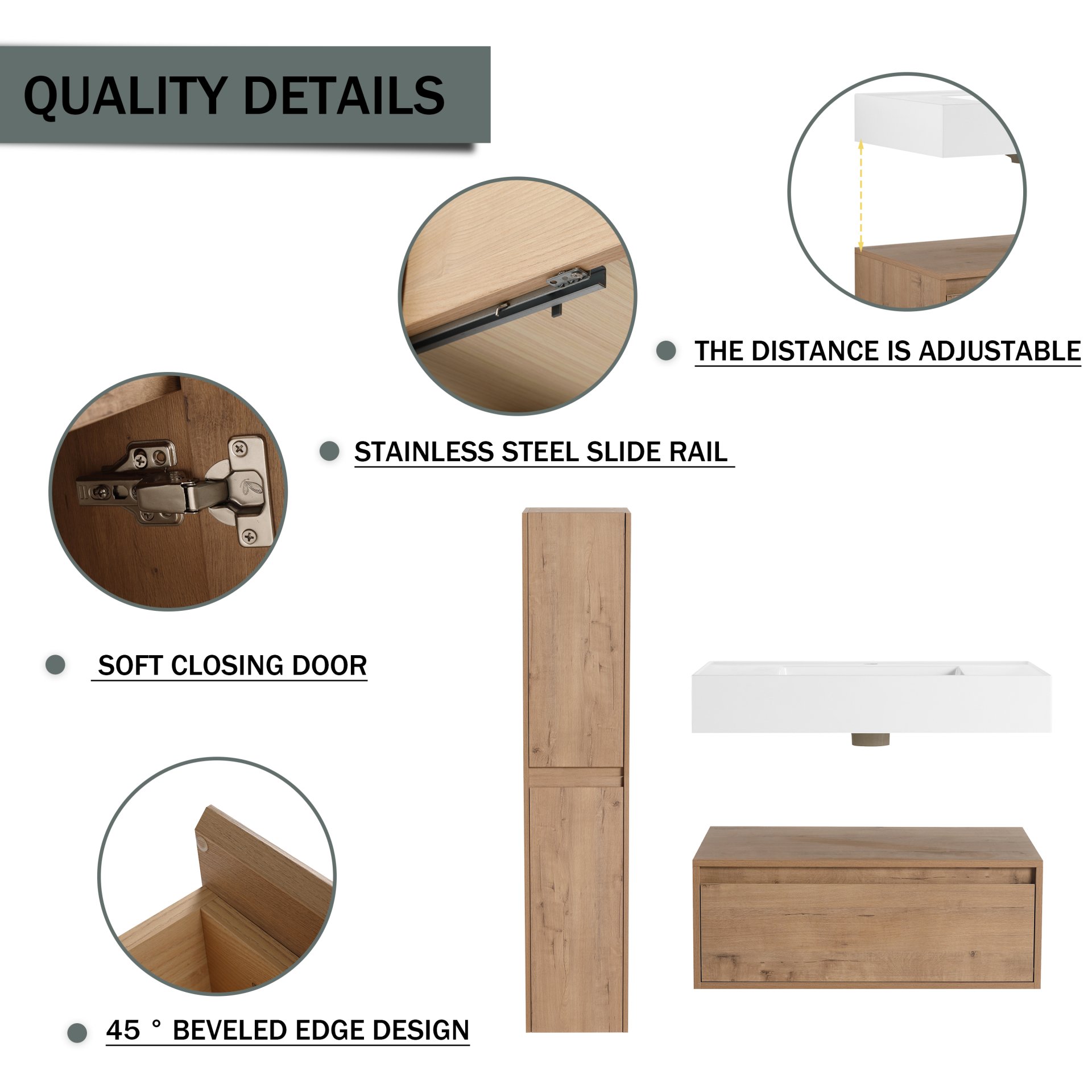 Modern Wall Mounted 30 Inch Bathroom Vanity With Resin Sink And 2 Side Cabinet In Imitative - Imitative Oak - Image 7