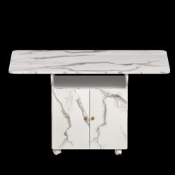 Versatile Marble Folding Dining Table With Storage Rack And Cabinet, 6 Wheels - White