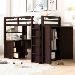 Twin Size Loft Bed With Drawers, Desk, And Wardrobe - Espresso