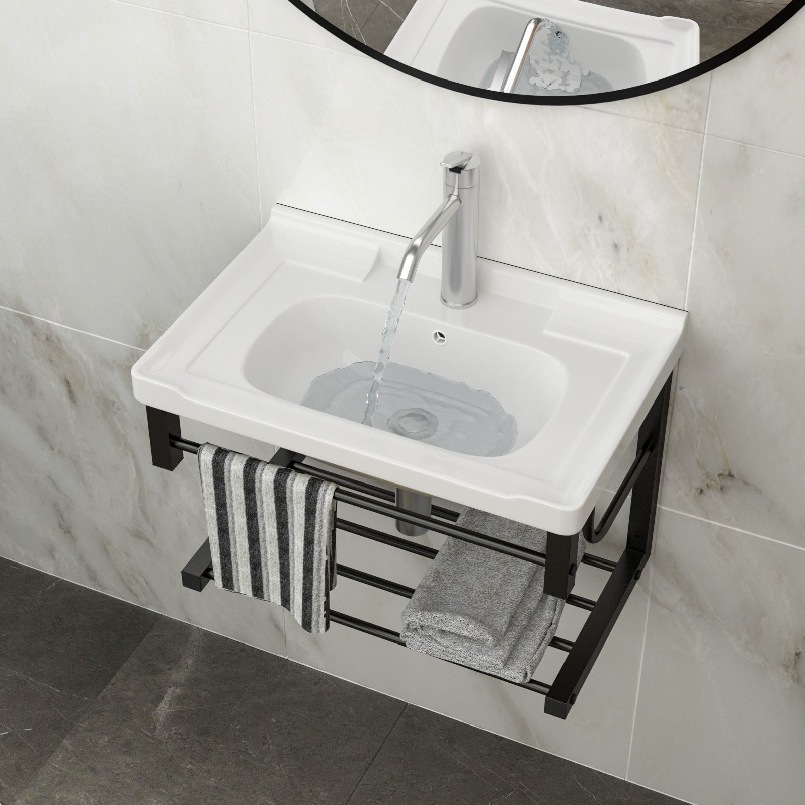 Wall Mounted Rectangular Bathroom Sink With Towel Bar & Overflow - White - Image 2