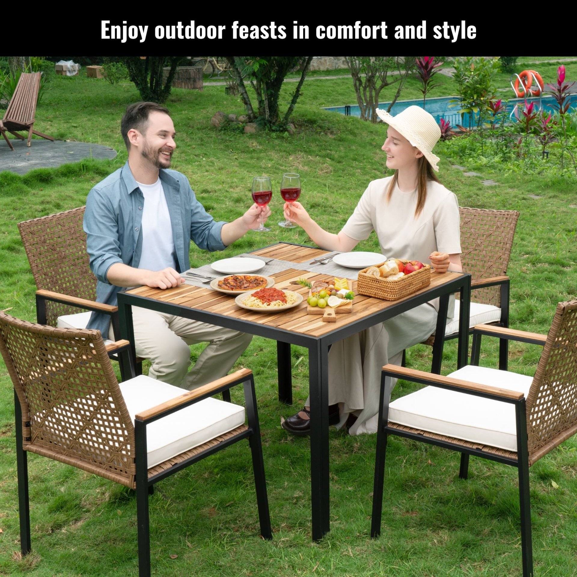 All Weather Patio Dining Table Set With Top And Umbrella Hole - Rattan Outdoor Furniture - Yellow - Image 2