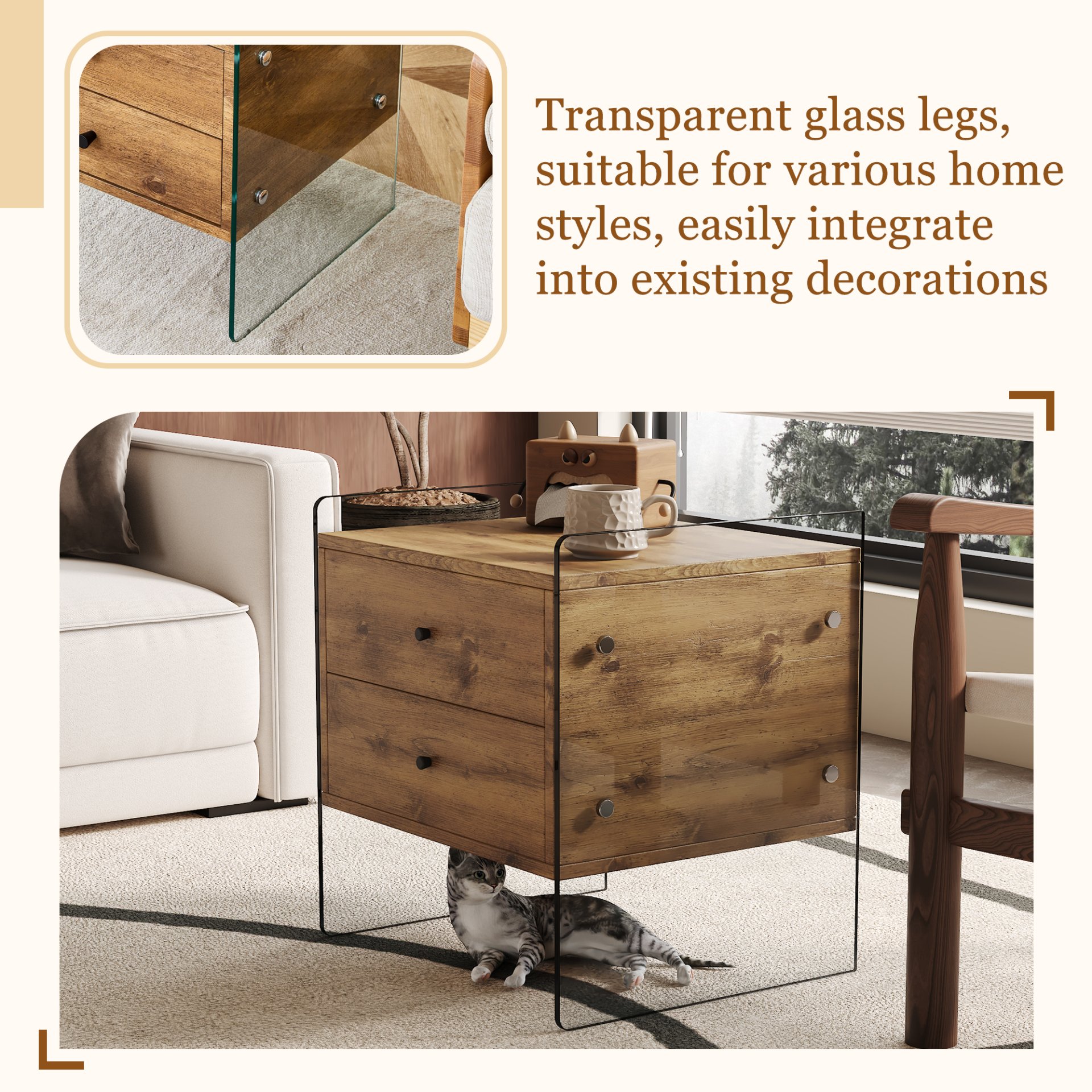 Double Drawer Bedside Table - Wood - Image 6