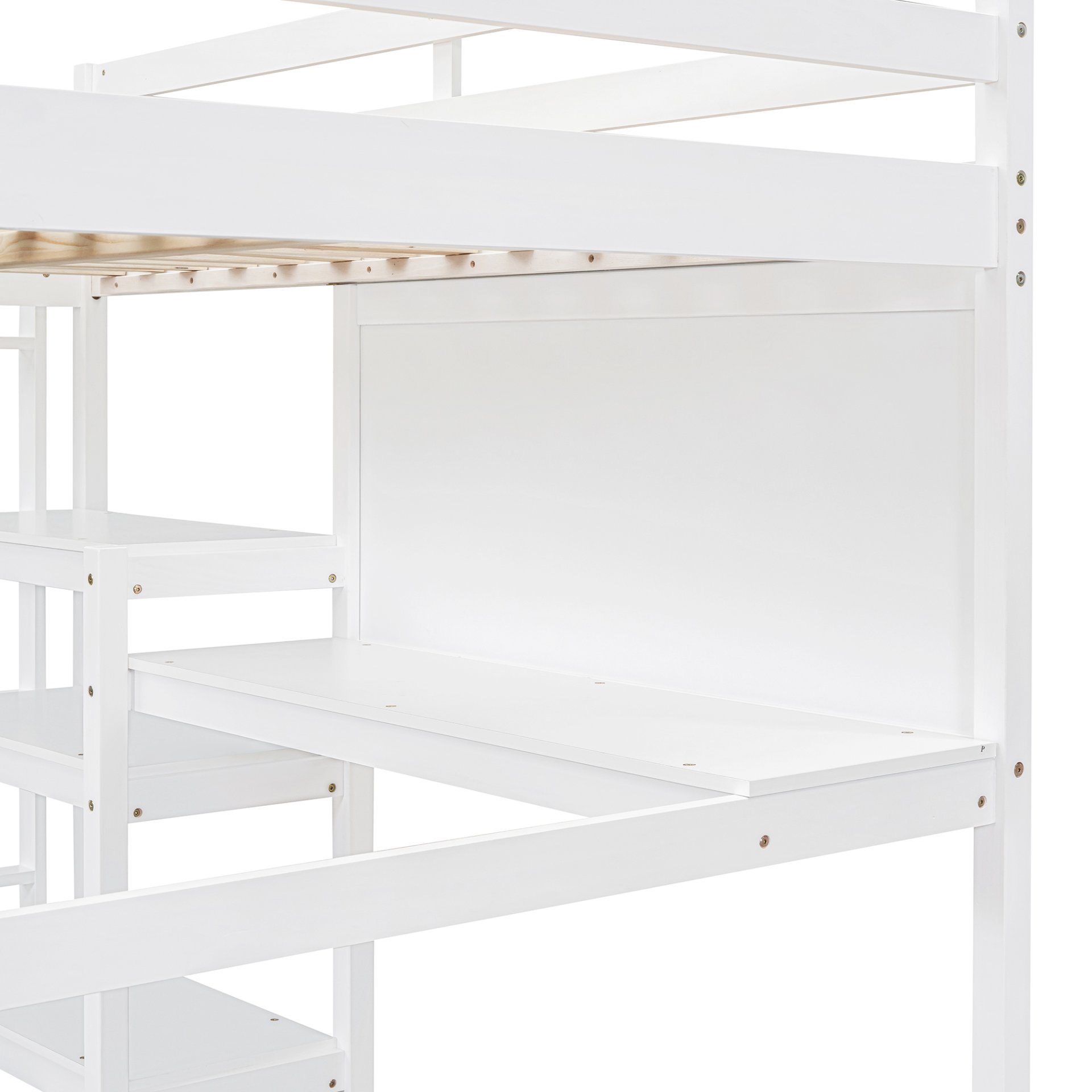 Full Size Loft Bed With Shelves, Desk And Writing Board - White - Image 8