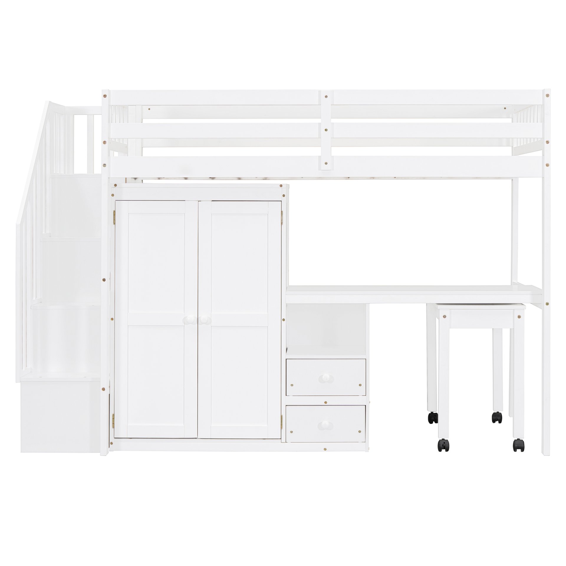 Twin Size Loft Bed With Stairs, Bookshelf, Drawers, Desk & Wardrobe, Space Saving Multifunctional Furniture - White - Image 18