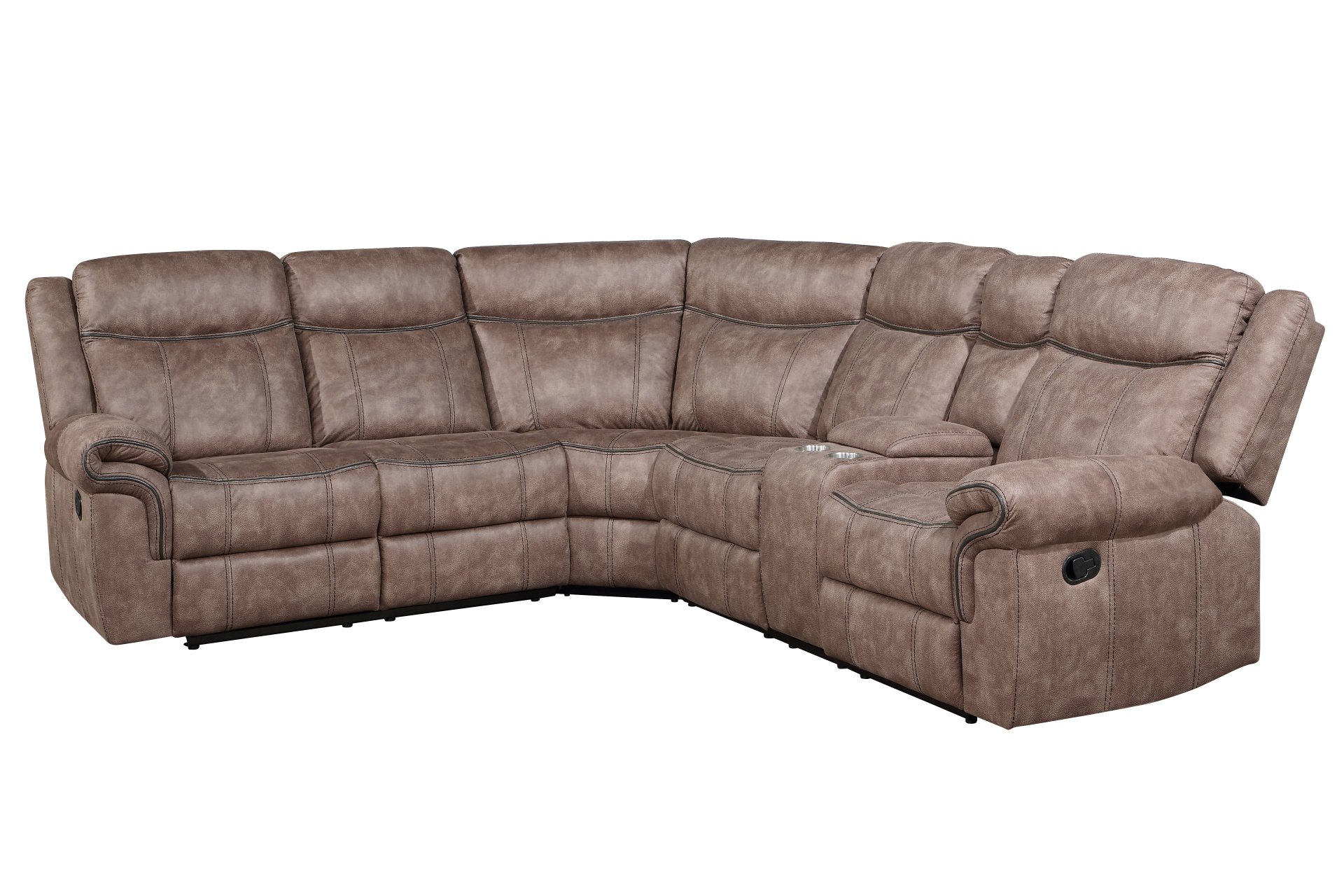 Dollum - Two Tone Nubuck Manual Recliner Sectional Sofa With USB Port Cupholder Console - Chocolate - Image 3