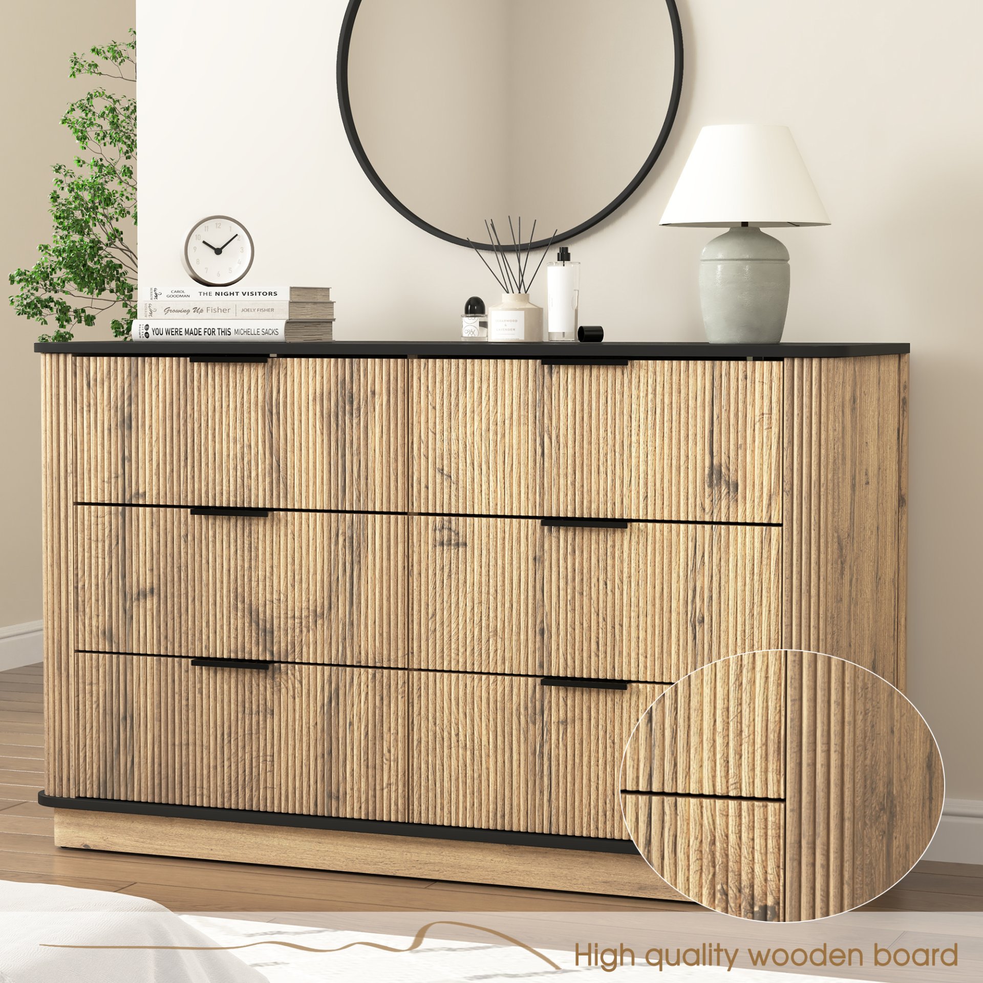 Modern 6 Drawer Cabinet With Metal Rounded Corners And Exquisite Handles Multi Functional Storage - Natural Wood - Image 11