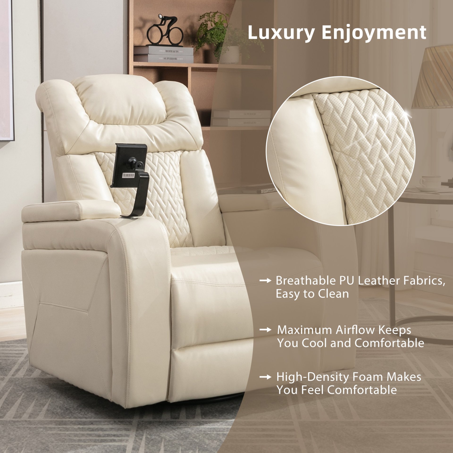Home Theater Recliner With 270 Degree Swivel, Power Recliner With Tray Table, Phone Holder, Cup Holder, USB Port - White - Image 5