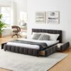 Modern Upholstered Queen Size Bed Frame With Storage Drawer - Dark Gray - Image 5