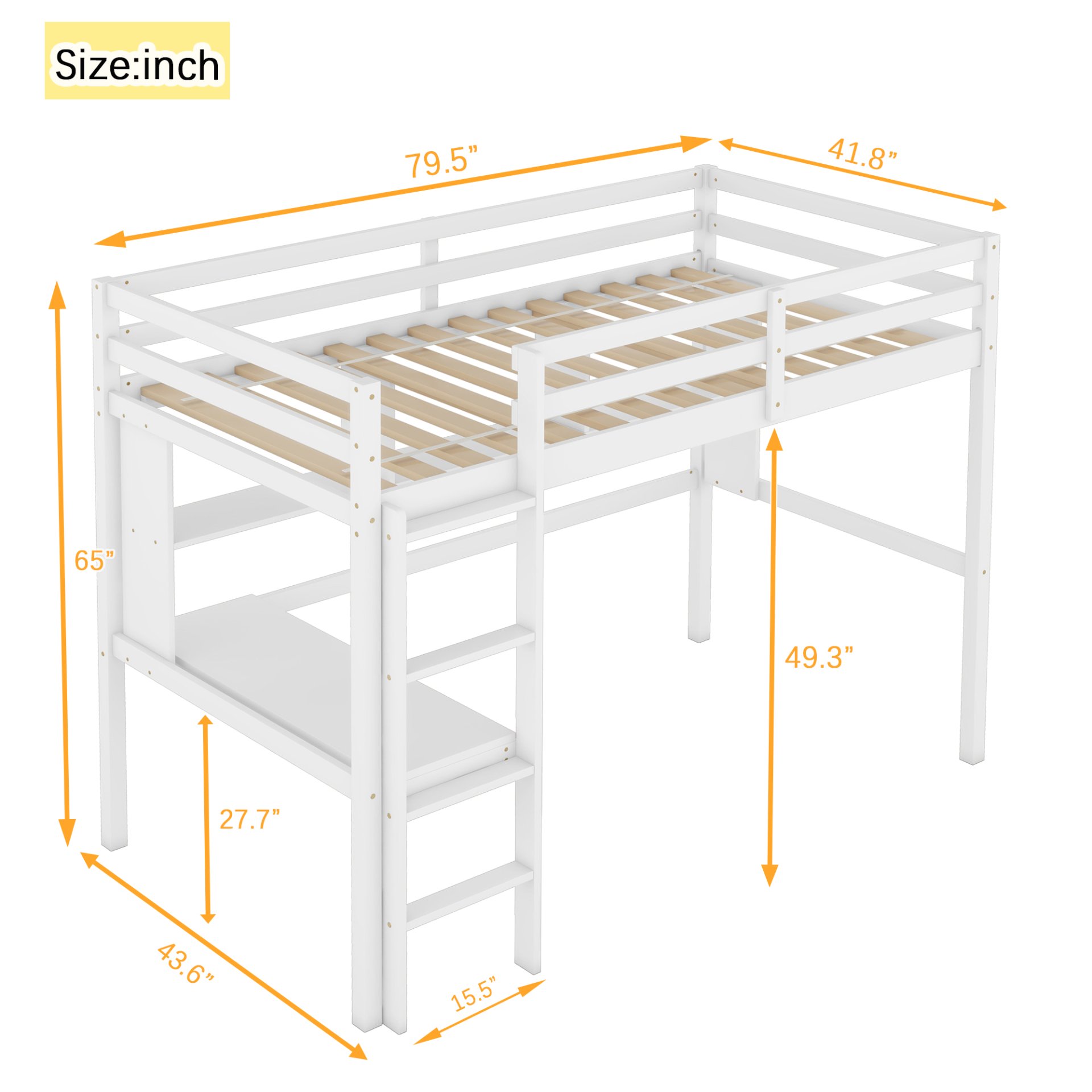 Twin Size Loft Bed With Desk And Shelves, Safety Guardrail And Ladder - White - Image 14