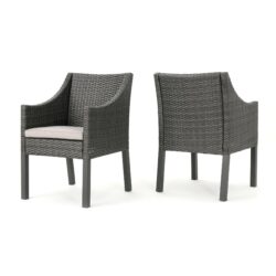 Outdoor Rattan Dining Chair With Straight Legs And Sloped Arms (Set of 2) - Gray / Silver