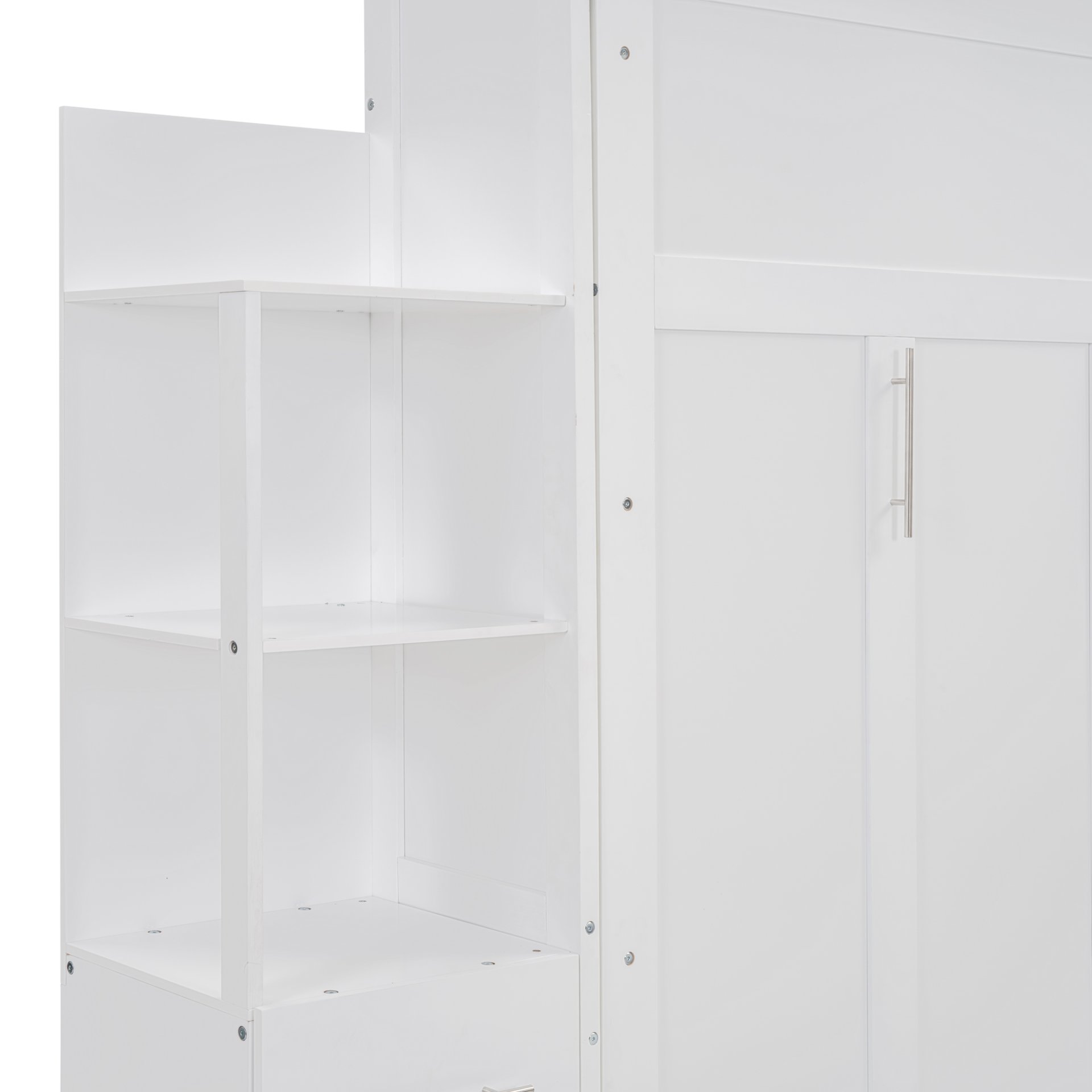 Full Size Murphy Wall Bed With Shelves, Drawers And LED Lights - White - Image 17