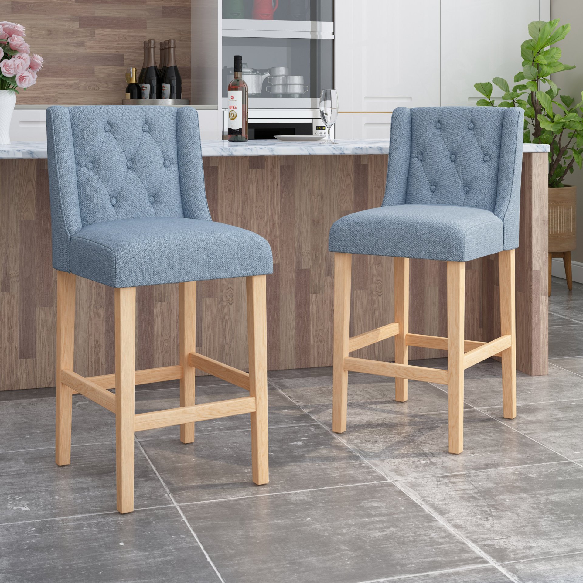 Ethereon - Fabric Tufted Counter Stool (Set of 2) - Light Blue - Image 2