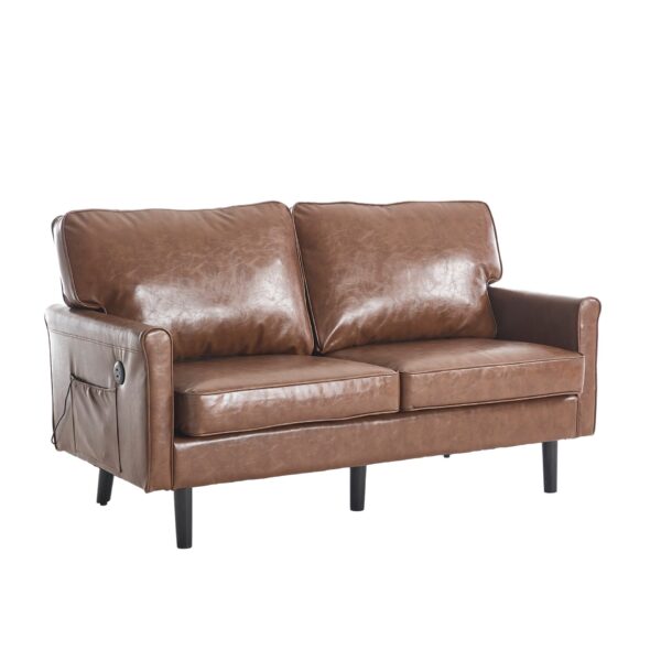 Mid Century Modern Loveseat Sofa With USB, 2 Seater Couch, Removable Pillow Covers - Brown