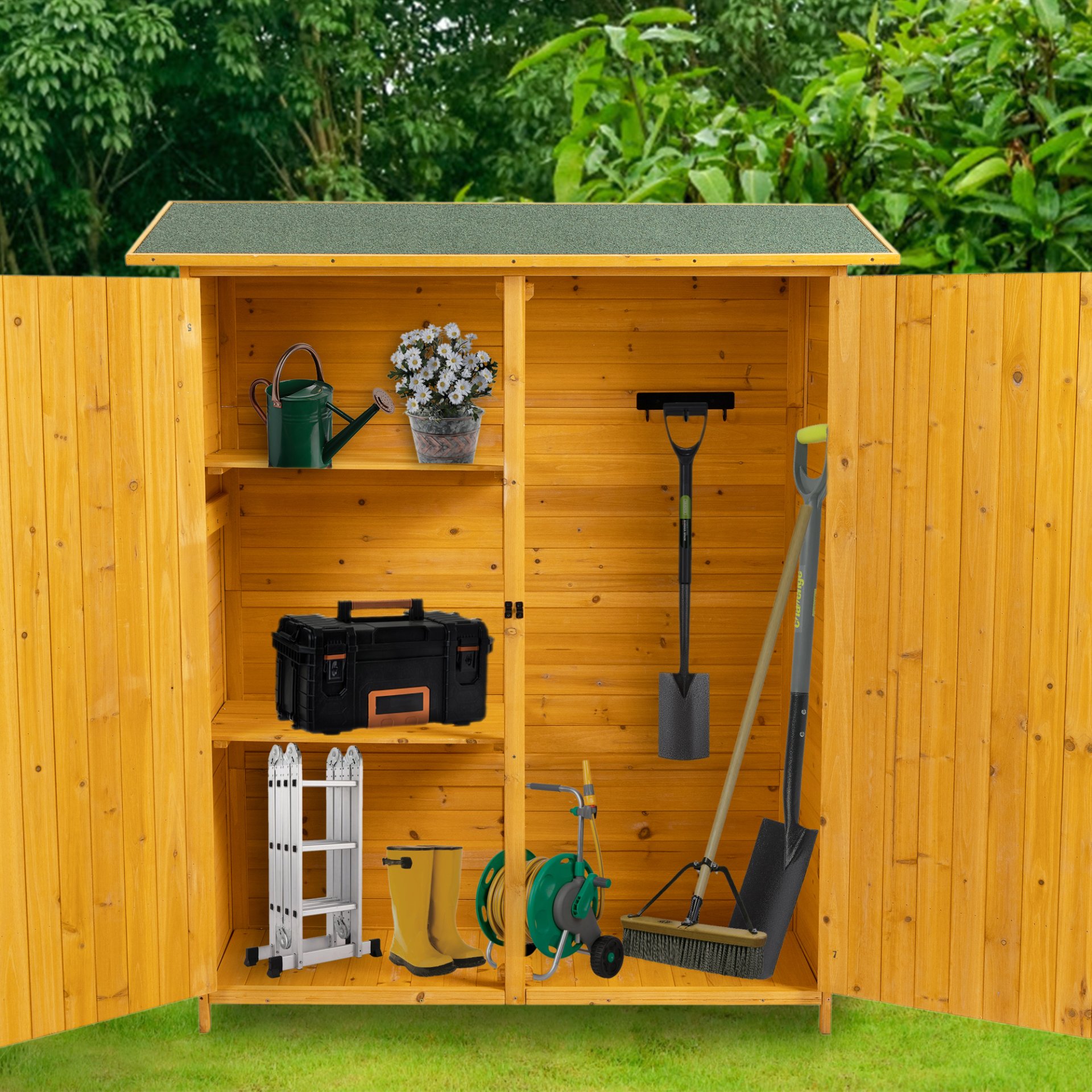 Outdoor Storage Shed With Lockable Door, Wooden Tool Storage Shed With Detachable Shelves & Pitch Roof - Natural - Image 6
