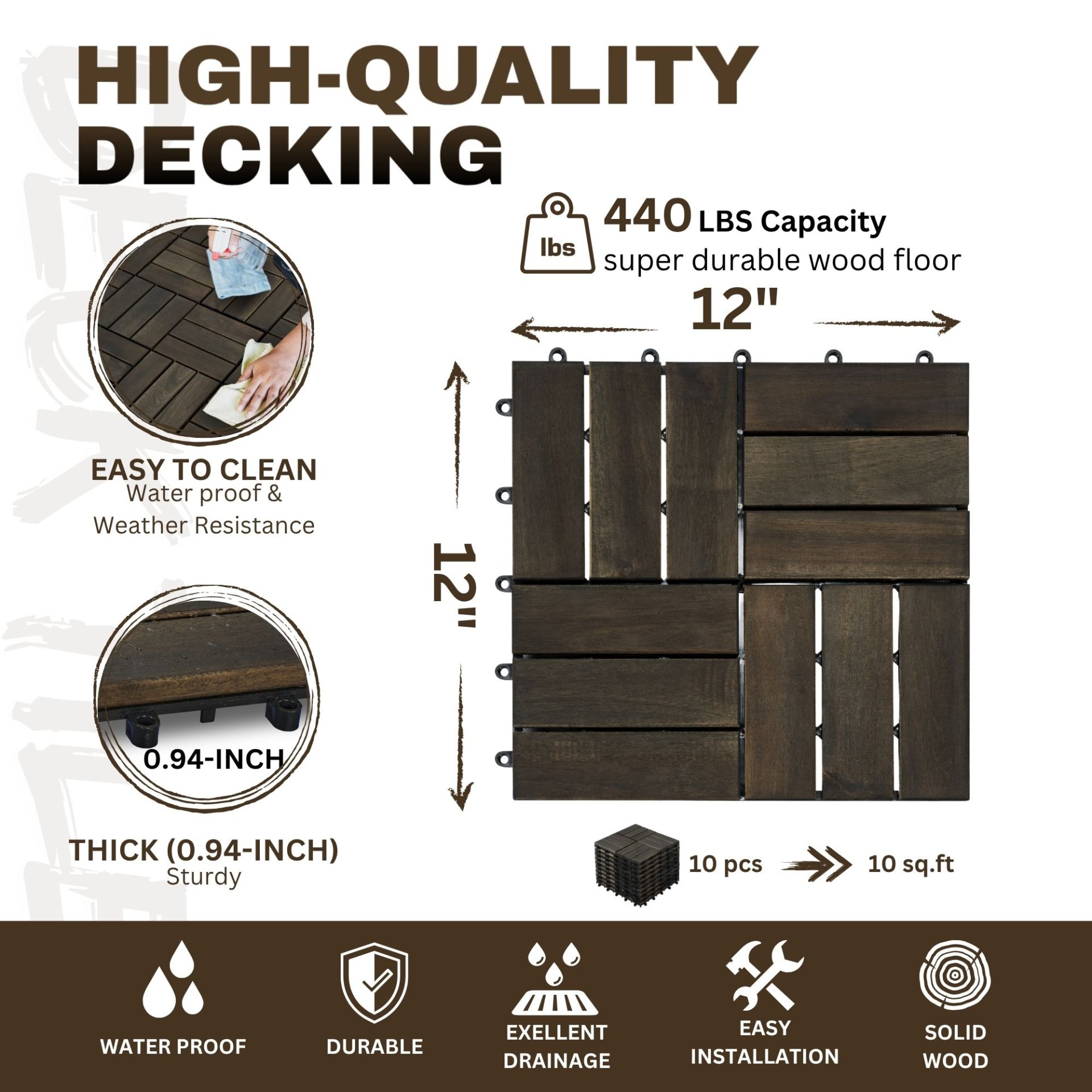 Acacia Wood Interlocking Deck Tiles Checker Pattern Outdoor Flooring - Dark Brown - Image 3