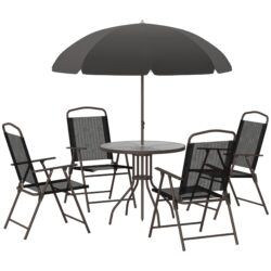 Outsunny - 6 Piece Patio Dining Set For 4 With Umbrella, Outdoor Table And Chairs With 4 Folding Dining Chairs & Round Glass Table For Garden, Backyard And Poolside - Black