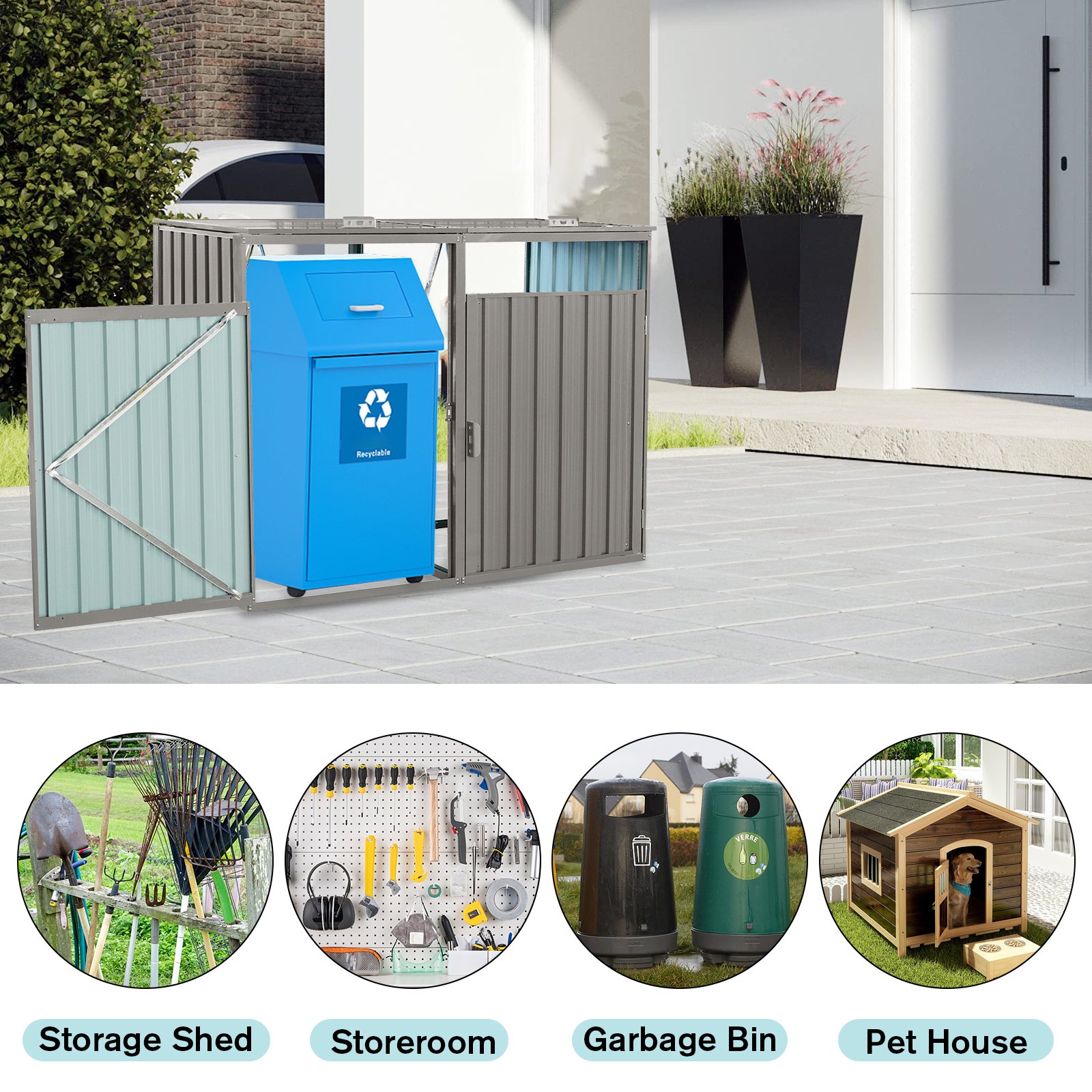 Garbage Bin Shed Stores 2 Trash Cans Metal Outdoor Bin Shed For Garbage Storage, Stainless Galvanized Steel, Bin Shed For Garden Yard Lawn - Gray - Image 11