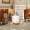 Tilly - Round Fur Upholstered / Burl Pouf Ottoman - White - Image 6