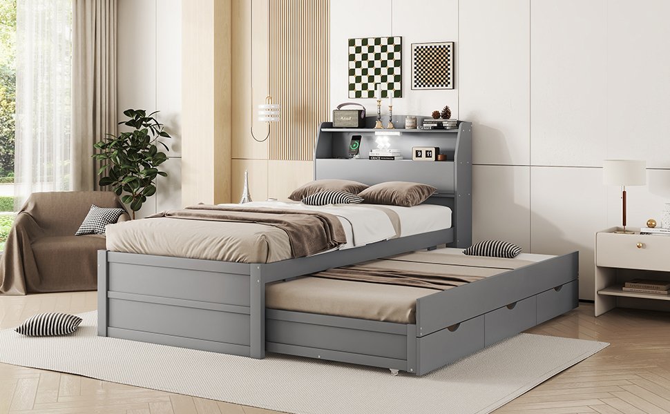 Twin Size LED Platform Bed With Trundle With Storage Headboard With Drawers - Gray - Image 16